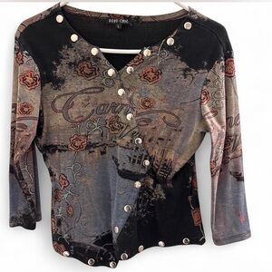 Boho Chic Women's Artistic Button Down Shirt - Black, Brown, Cream
